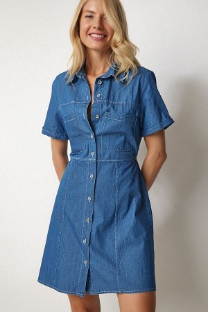 Женское синее джинсовое платье на пуговицах DD01252