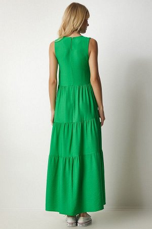 Женское зеленое трикотажное платье без рукавов с воланами UB00129