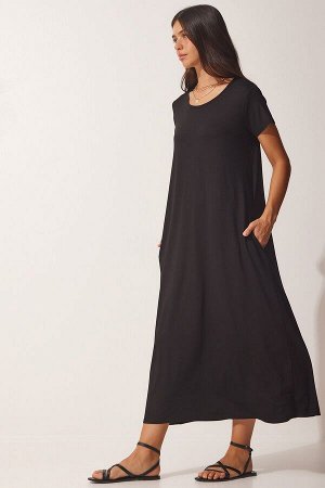 Женское черное повседневное трикотажное платье из чесаного хлопка с карманами UB00128