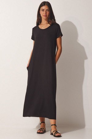 Женское черное повседневное трикотажное платье из чесаного хлопка с карманами UB00128
