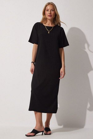 Женское черное свободное длинное повседневное летнее трикотажное платье DZ00076