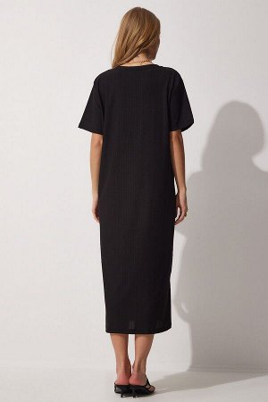 Женское черное свободное длинное повседневное летнее трикотажное платье DZ00076