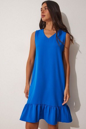 Женское темно-синее летнее тканое платье с v-образным вырезом и воланами CR00409