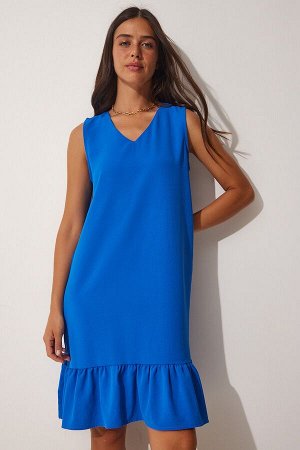 Женское темно-синее летнее тканое платье с v-образным вырезом и воланами CR00409