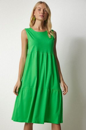 Женское светло-зеленое трикотажное платье без рукавов с воланами CR00412