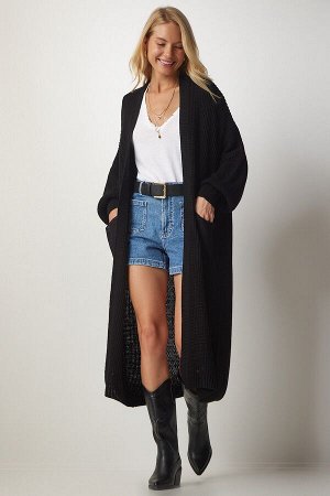 Женская черная длинная трикотажная куртка с карманами, кардиган MX00106