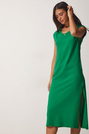 Женское зеленое повседневное трикотажное платье без рукавов UB00112