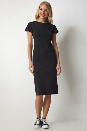 Женское черное трикотажное платье миди с короткими рукавами to00070