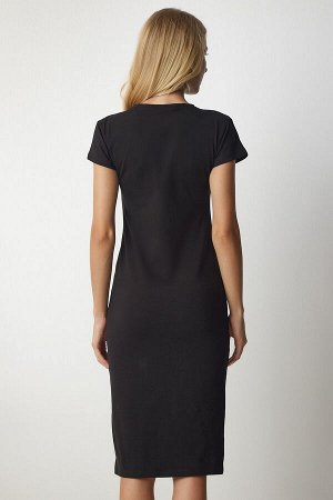 Женское черное трикотажное платье миди с короткими рукавами to00070