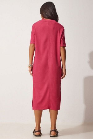 Женское темно-розовое фактурное повседневное трикотажное платье миди LH00037