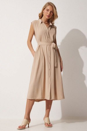 Женское кремовое льняное вискозное летнее платье-рубашка с поясом DD00927