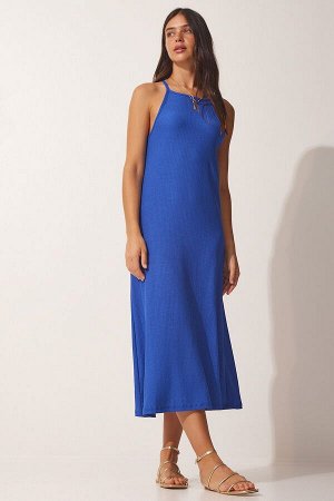 Женское синее летнее длинное трикотажное платье на бретелях DZ00078