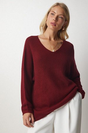 Женский бордовый вязаный свитер с v-образным вырезом Thessaloniki ZA00059