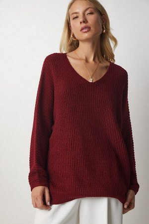 Женский бордовый вязаный свитер с v-образным вырезом Thessaloniki ZA00059