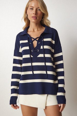 Женский темно-синий вязаный свитер в полоску со шнуровкой и воротником MX00109
