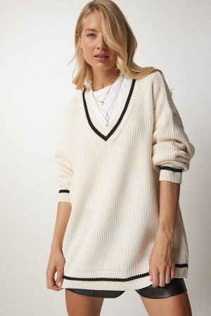 Женский длинный вязаный свитер цвета экрю с v-образным вырезом BP00140