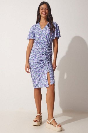 Женское летнее платье сиреневого цвета с запахом и воротником-стойкой MC00162