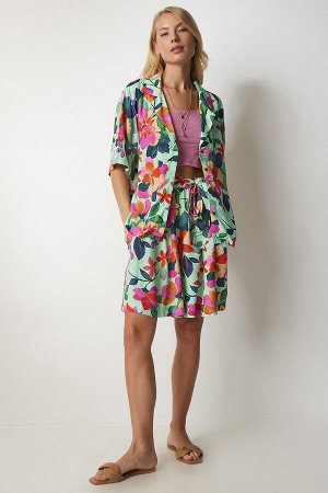 Женский комплект из вискозной рубашки и шорт цвета морской волны с цветочным принтом FN03082