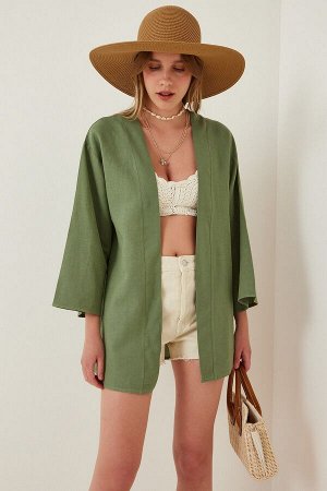 Женское зеленое свободное льняное вискозное кимоно BH00388