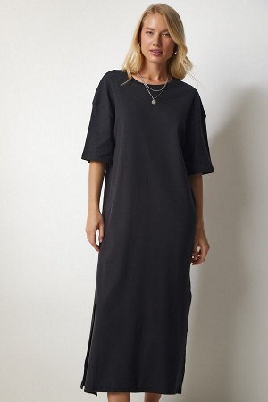 Женское черное хлопковое повседневное платье из чесаного хлопка UB00119