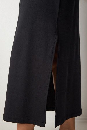 Женское черное хлопковое повседневное платье из чесаного хлопка UB00119