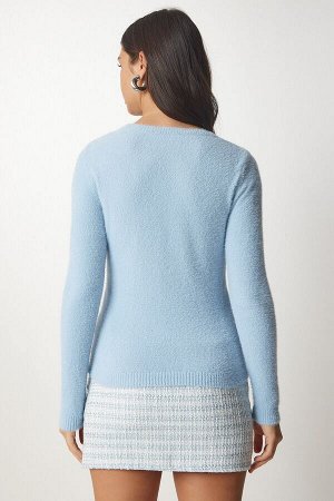 Женский голубой базовый трикотажный свитер с бородой MX00116