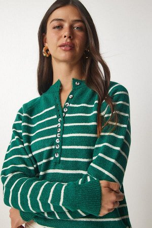 Женский темно-зеленый вязаный свитер цвета экрю с воротником на пуговицах LX00040