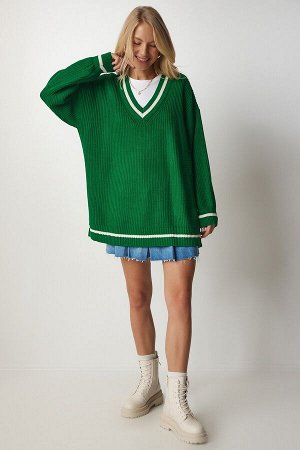 Женский зеленый длинный вязаный свитер с v-образным вырезом BP00140