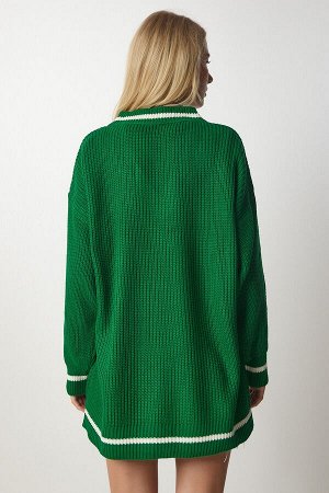 Женский зеленый длинный вязаный свитер с v-образным вырезом BP00140