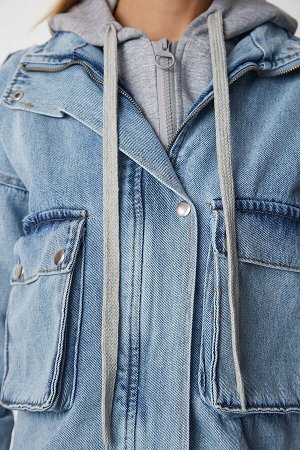 happinessistanbul Женская голубая толстовка с капюшоном и джинсовой курткой rv00139