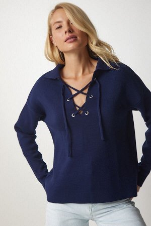 Женский темно-синий вязаный свитер со шнуровкой MX00122