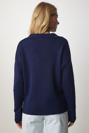 Женский темно-синий вязаный свитер со шнуровкой MX00122