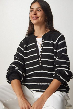 Женский черный полосатый трикотажный свитер с воротником на пуговицах LX00040