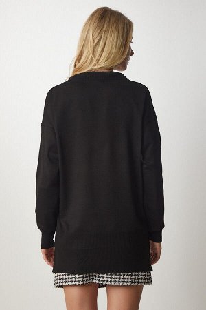 Женский черный вязаный свитер оверсайз с v-образным вырезом BV00082