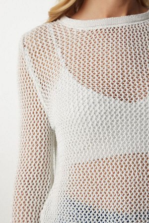 Женская ажурная прозрачная трикотажная блузка с кремовым люрексом BV00091
