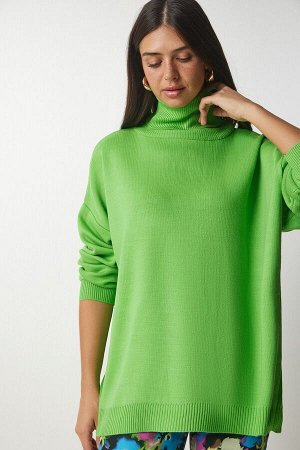 Женский светло-зеленый вязаный свитер оверсайз с высоким воротником BV00084