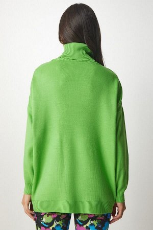 Женский светло-зеленый вязаный свитер оверсайз с высоким воротником BV00084