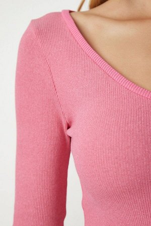 Женская розовая трикотажная блузка из лайкры в рубчик с v-образным вырезом GT00057