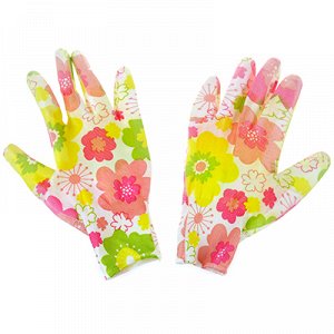 Перчатки полиэстер, обливные, рзмер L "Цветы" розово-зеленый (Китай)
