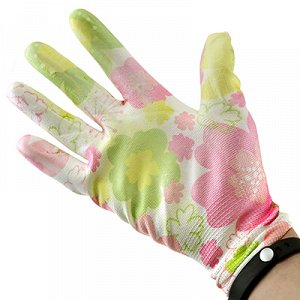 Перчатки полиэстер, обливные, рзмер L "Цветы" розово-зеленый (Китай)