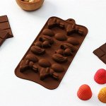 Форма силиконовая для льда и кондитерских украшений Доляна «Зайцы, утки и яйца», 22*10,2*1,4 см, 14 ячеек, цвет шоколадный