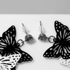 Серьги висячие «Бабочка» трио, цвет чёрно-белый в серебре, 6 см