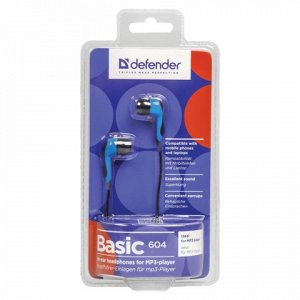 Наушники DEFENDER Basic 604, проводные, 1,2 м, вкладыши, черные с голубыми, 63608