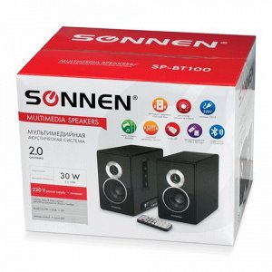 Колонки компьютерные bluetooth SONNEN SP-BT100, 2.0, 2*15W, дерево, 2-полосные, черные,USB,SD,511335