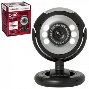 Веб-камера DEFENDER C-110, 0.3Мп,микрофон,USB 2.0/1.1+3.5мм jack,подсветка,рег.креп.,черн., 63110