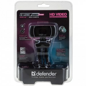 Веб-камера DEFENDER G-lens 2597 HD720p,2Мп,микрофон,USB2.0,автофокус,автослеж,рег.креп.,черн., 63197