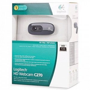 Веб-камера LOGITECH C270, 1/3Мпикс, микрофон, USB 2.0, черная, рег. крепеж, 960-000636/960-001063