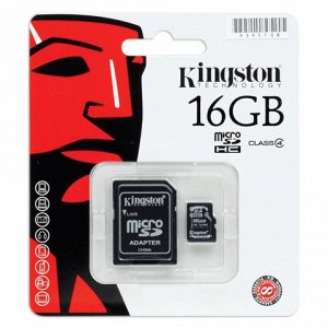 Карта памяти microSDHC 16GB KINGSTON, 4 Мб/сек (class 4), с