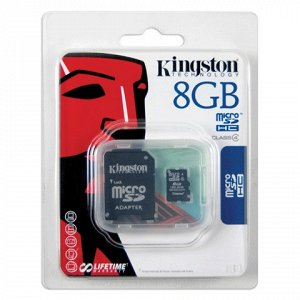 Карта памяти microSDHC 8GB KINGSTON, 4 Мб/сек (class 4), с а