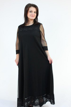 Платье черное длинное с кружевом с сеткой